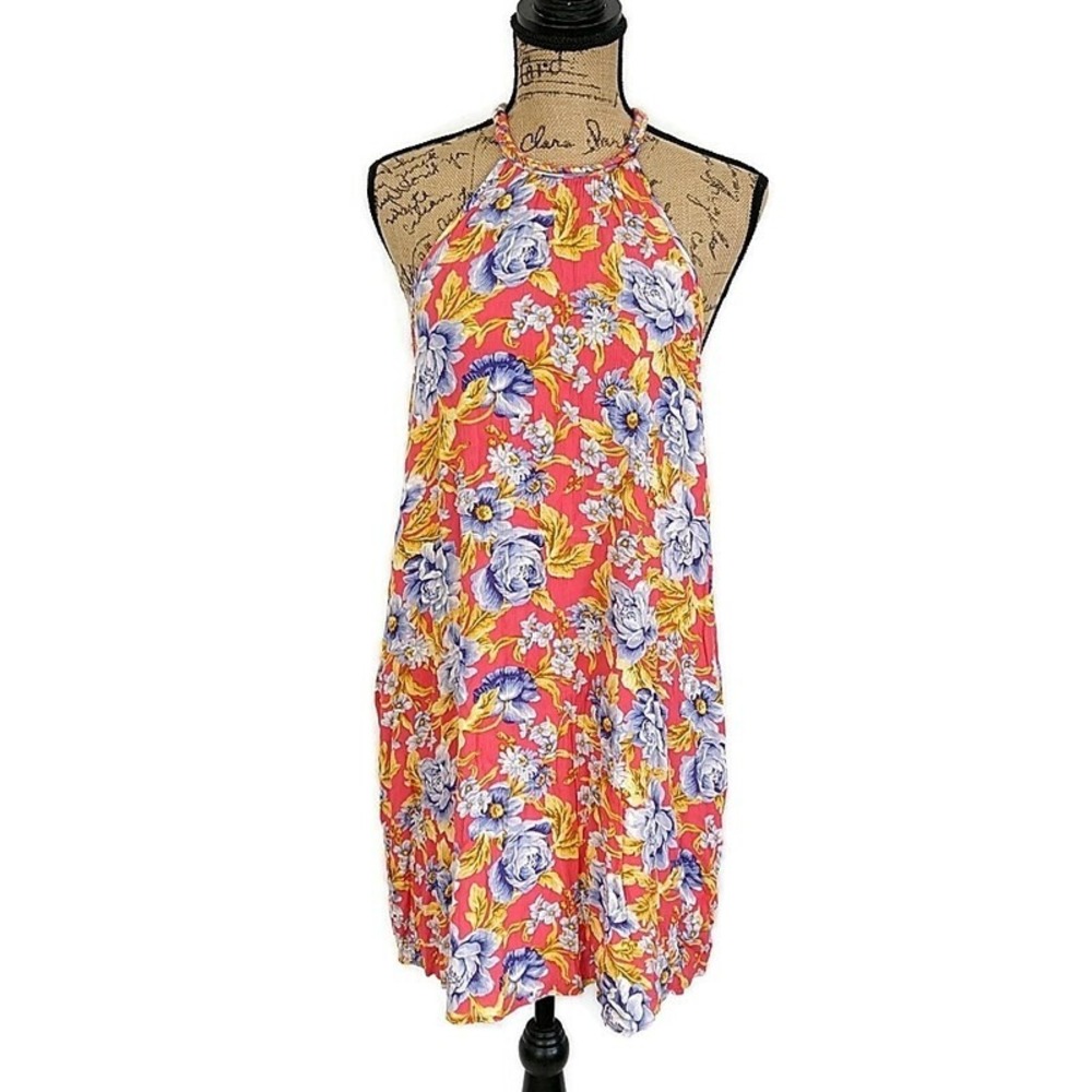 American Eagle Floral Dress Womens Medium Pink Blue Braided Halter 1331-600